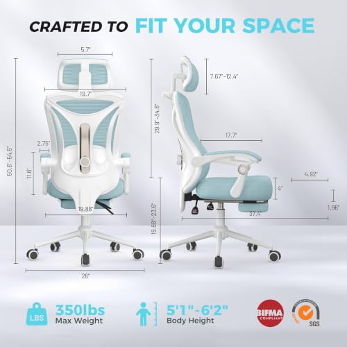 Image of CYKOV Ergonomic Office Chair with Footrest - Adjustable Lumbar Support & Headrest, 90-135 Reclining Mesh Back Computer Chair - Home Office /Gaming, 350lbs Capacity
