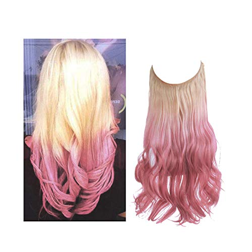 Beach Blonde to Pink Hair Extension Halo Ombre Curly Long Synthetic Hairpiece 18 Inch 4.2 Oz Hidden Wire Headband for Women Girl Heat Resistant Fiber No Clip SARLA(M01&613Tpink)
