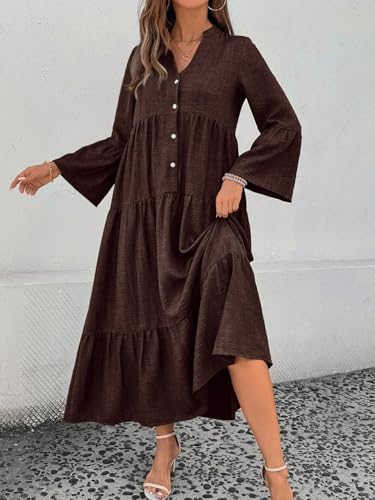 MARZXIN Women's Long Sleeve Maxi Shirt Dress Notched V Neck Single-Breasted Casual Loose Swing Maxi Dress3