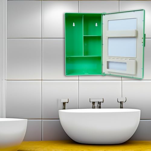 Image of PGen Small Size Mini Wall Mounted Mirror Storage Cabinet Organiser Shelf for Bathroom Kitchen Washbasin Dressing Room (Light Green)