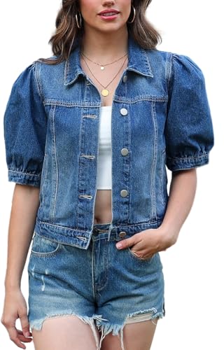 andy & natalie Womens Jean Jacket Cropped Short Puff Sleeve Trendy Denim Jackets with Pockets Medium Dark Denim