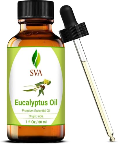 SVA Eucalyptus Essential Oil 1 Fl Oz (30ml) 100% Natural Steam Distilled Eucalyptus Globulus for Diffuser Breathing Hair & Skin Care with Dropper
