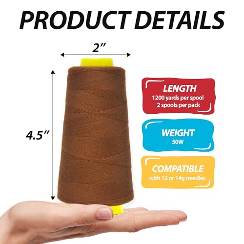 Image of Mandala Crafts Russet Brown Mercerized Cotton Thread Cones, Sewing Quilting | 2400 Yds 50 WT, 100% Long Staple Cotton, Multipurpose, for Embroidery, Piecing, Sergers, Applique, Machine and Hand Sewing
