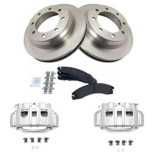 Image of TRQ Rear Brake Pad, Caliper, & Rotor Kit Semi-Metallic Compatible with 2008-2014 Ford E-150 E-250 2008-2019 E-350 Super Duty