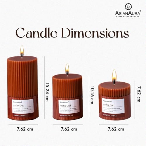 Image of ASIAN AURA Ribbed Pillar Candles - Pack of 3 | Scented Candles for Home Decor, Gifting & Festive Use | Long Burn time up to 36hrs | Clean-Burning Wax & Smokeless Flame (Arabic Oud)