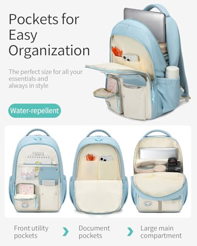 School Backpack, Cute Teen Girls Bookbag Large Capacity for Kids Elementary College Women Laptop Backpack Schoolbag with Accessories, Blue Beige3