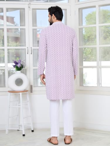 Image of See Designs Men's Full Sleeve Mandarin Collar Embroidered Thread Work Sequinned Rayon Straight Long Kurta - Festive Collection