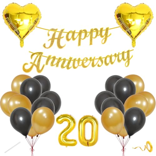 Image of Flyloons 20th Happy Anniversary Decoration Items Gold Black for Men Women Husband Wife Mom Dad Couple Home Bedroom Car With 20 Pcs Metallic Balloons Anniversary Banner 2 Pcs Heart Set Kit Golden