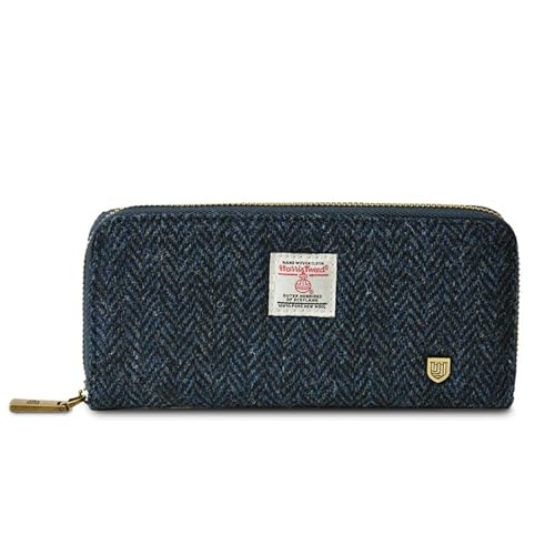 Image of Islander HarrisTweed & PU Leather women's long zip purse, Carry Cash & card, Scottish Style, Navy Herringbone