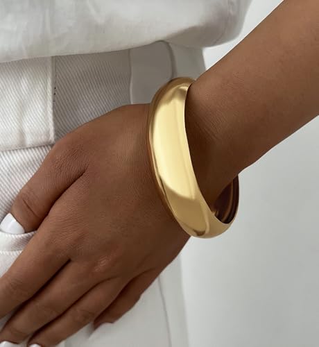 Image of Chunky Gold Bangle Bracelets for Women, Dainty 14k Gold Plated Big Stackable Bangles Set, Trendy Statement Cuff Bracelet Stack Fashion Jewelry Gifts