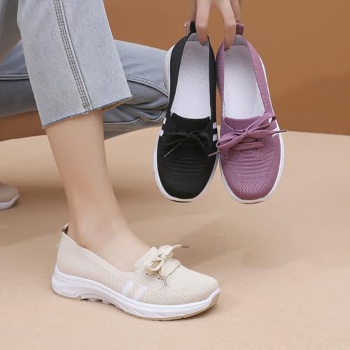 Women’s Breathable Knit Slip-On Sneakers with Bow – Lightweight Low-Top Casual Shoes2