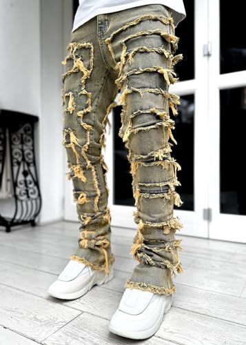 Mens Stretchy Jeans Ripped Stacked Denim Pants Patchwork Distressed Jeans Y2k Harajuku Emo Hip Hop Trousers4