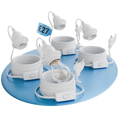 CONSEGNA - 4x greate porta lampadina con spina e 5 metri di cavo in bianco / 60W / 250V / Sezione cavo 0,5mm² / Materiale del cavo in PVC - lampada con presa elettrica