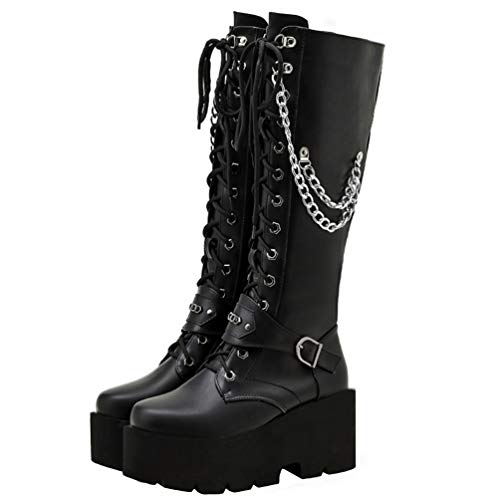 KOKOMOMO Womens Chains Goth Platform Boots Lace Up Chunky Heel Knee High Combat Military Boots