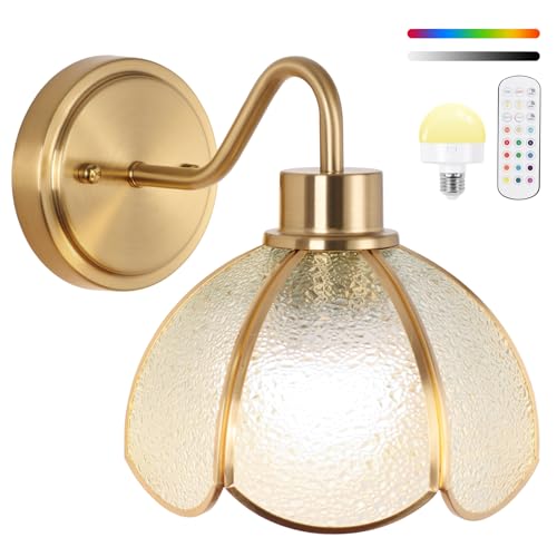 Image of Battery Operated Wall Sconce, Vintage Wall Sconce with Gold Trim Tulip Glass Lampshade Rechargeable Battery Powered Wall Light with Remote Control for Bedside Bedroom Doorway