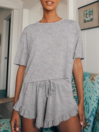 Image of Tankaneo Womens 2 Piece Shorts Set Summer Casual Short Sleeve T Shirts Drawstring Ruffle Shorts Pajamas Lounge Set