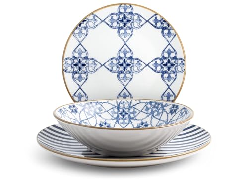 H&H Madeira Servizio Tavola 18 Pezzi, Stoneware, Blu/oro