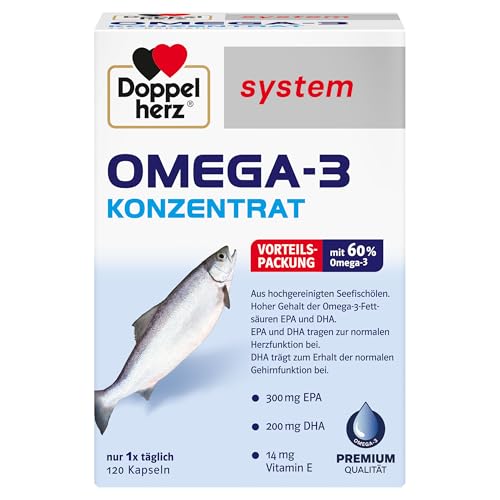 Doppelherz Sistema OMEGA-3 CONCENTRADO – Con 300 mg de EPA y 200 mg de DHA por cápsula como contribución a la función cerebral y cardíaca normal – 120 cápsulas