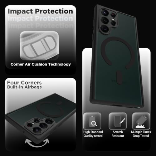 Image of RIGGEAR Shockproof Sleek Hybrid Armor Back Cover Case Compatible with MagSafe Accessories for Samsung Galaxy S22 Ultra (Smoke Black Matte PC + Black TPU Bumper)