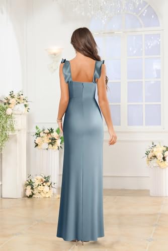 OFEYCHUN Satin Bridesmaid Dresses Mermaid Long Spaghetti Straps Ruffle Prom Dress with Slit3