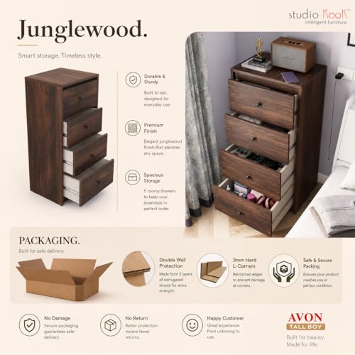 Image of Studio Kook Avon Tallboy Chest of Drawers, 4 Drawers, Matte Finish (Junglewood)