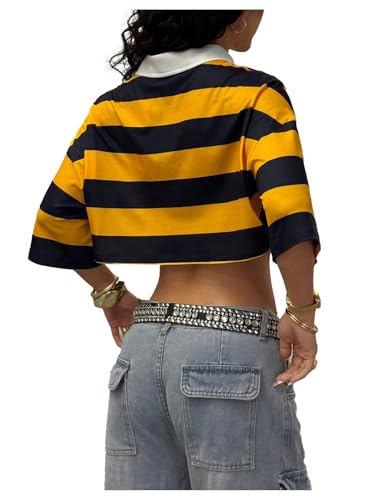 Milumia Women's Y2k Striped Button Up Collared T Shirt Short Sleeve Drop Shoulder Crop Tops3