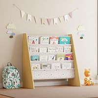 Redd Royal Children Sling Storage Bookshelf, Kids 4 Tier Floor Bookcase Book Display Rack Wooden with Multicolour Canvas Holder for Baby Playroom Nursery Toddler Bedroom