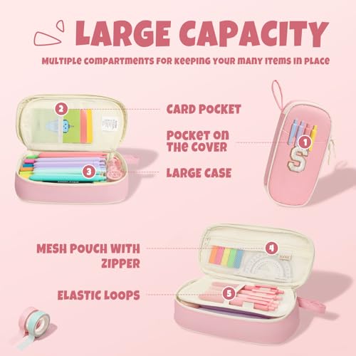 Image of SUNEE Cute Pencil Case, Kawaii Big Capacity Pencil Pouch, Personalized Initial Pencil Bag with Zipper, Stationery Storage and Organizer, Back to School Supplies, Pen Box for Girls & Boys, Teen, S-Pink
