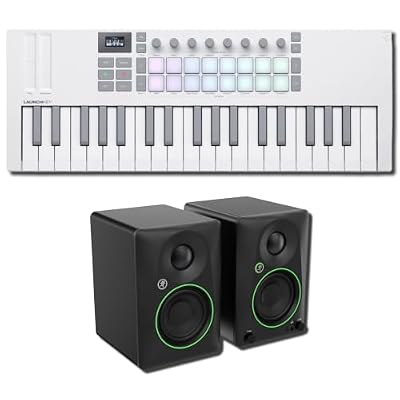 Novation Launchkey Mini 37 (MK4) White MIDI Keyboard Controller Bundle with Mackie CR3.5BT Bluetooth Studio Monitors — Three-Octave Mini Keys for Music Production, Beat Making, Songwriting
