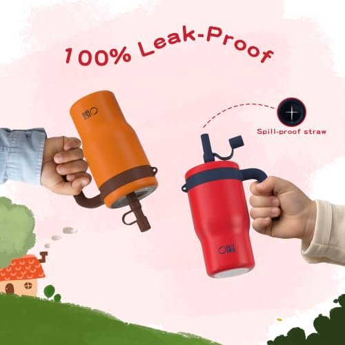 Image of OISIZ 14oz Kids Tumbler with Straw Lid & Handle,Kids Cup with Animal Accessory for School,Kids Water Bottles with Dust-proof Cover,Leakproof Water Bottles,316 Stainless Steel,Keep Cold 24 Hours-red