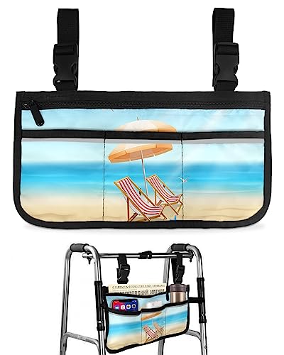 Summer Travel Beach Wheelchair Side Bag Walker Bag, Blue Sea Starfish Seashell Wheelchair Accessories Armrest Pouch, Organizer Storage Bag for Walkers, Rollators, Scooters, 7.3''x13''