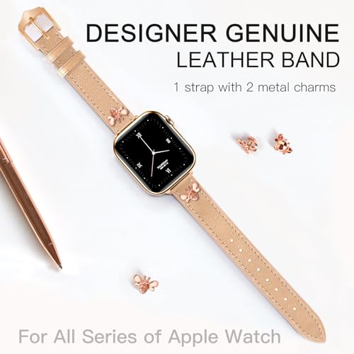 Image of JR.DM Slim Leather Bands Compatible with Apple Watch Band 38mm 40mm 41mm 42mm 44mm 45mm 46mm 49mm, Genuine Leather Band with Charms, Feminine Design for Iwatch Ultra SE Series 11 10 9 8 7 6 5 4 3 2 1