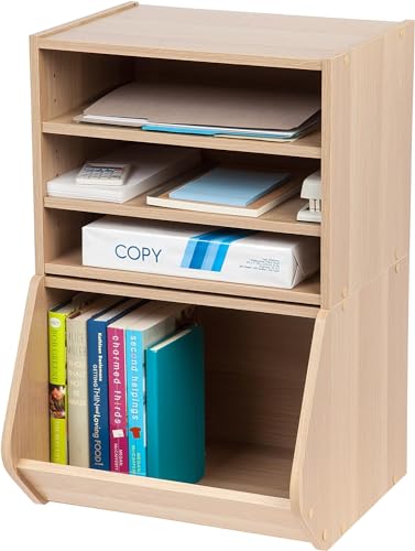 Image of IRIS USA 3-Shelves Modular Wood Stackable Storage Box, Easy Assembly, Customizable, DIY Bookcase, Stacking Storage Organizers, Cube Storage, Cubby Storage System, Home Office Closet, Light Brown