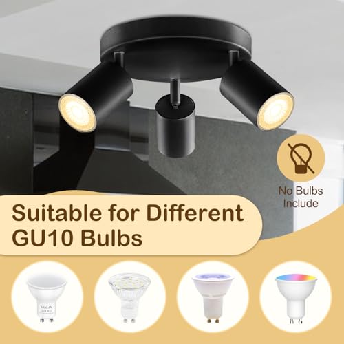 Image of Wiseworld 3 Light Track Lighting Fixtures for Ceiling LED Black Spot Lights Indoor Round Chassis GU10 Base Lamp Rotatable Modern Ceiling Spotlight for Bedroom Kitchen Hallway (Bulb Not Included)