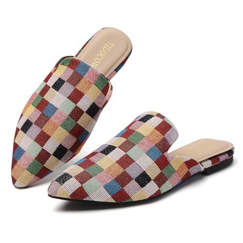 Image of Tilocow Women's Pointed Toe Flat Mules Backless Slip On Loafers