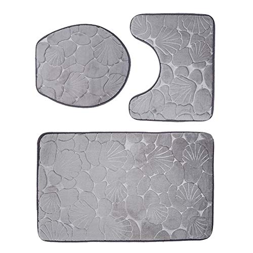 Cyrank Badezimmerteppich-Set, 3-teiliges Badteppich-Set Mit Muscheldruck, Waschbare Badematte, Weiche Badezimmerteppiche, Badematten-Set Mit Toilettendeckelbezug(Grau) – Bild 8