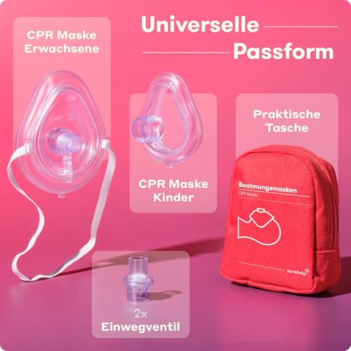 PURAHELP® Beatmungsmasken Erste Hilfe 2er Set [ERWACHSENE & KINDER] - CPR Maske für Mund-zu-Mund-Beatmung - Notfall Beatmungsmaske je 1× für Erwachsene & Kinder - Maske für Rettung & Ersthelfer