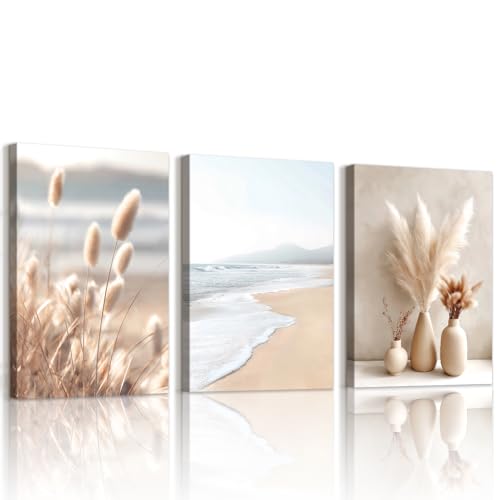 WENGTIAO 3 Piezas Boho Junco Paja de Pampa Cuadros Enmarcados, Minimalista Playa Costera Pintura sobre Lienzo Cuadros Decoracion Salon Modernos Dormitorios Decoracion Pared 30x40cmx3