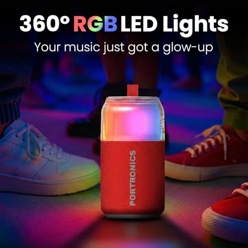 Image of Portronics 10W Talk Six Can-Shaped Portable Bluetooth Speaker with Dual Wireless Karaoke Mic, Upto 4 Hours Playtime, 360 Degree RGB LED Light, Bluetooth V5.3, USB-A in Port, Type C Charging(Red)