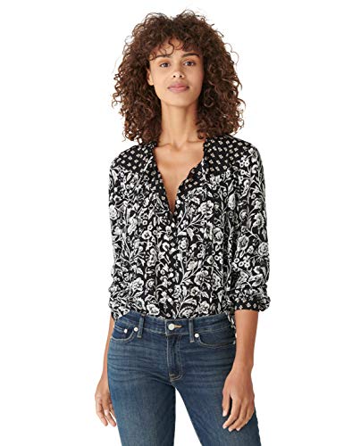Lucky Brand Women's Long Sleeve Tie Neck Button Up Floral Blouse, Black Multi, L