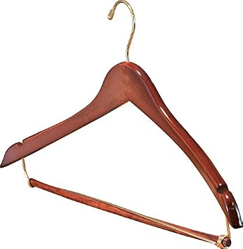 Curved Wood Suit Hanger w/Locking Bar, Box of 50 17 Inch Hangers w/Walnut Finish & Brass Swivel Hook & Notches for Shirt Dress or Pants