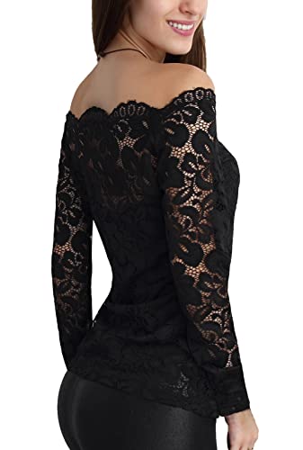 DJT Womens Off The Shoulder Tops Sexy Floral Lace Long Sleeve Slim Fit Shirts Dressy Casual Party Clubwear Outfits2