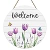 Spring Decorations for Home Front Door Decor Tulip Wreath Butterfly Wreaths for Front Door Wooden Spring Welcome Sign Hanger for Wall Porch Indoor Home DecorPurple