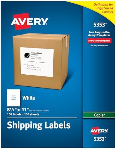 Avery Printable Shipping Labels for Copiers, 8.5" x 11", White, 100 Blank Mailing Labels (5353)
