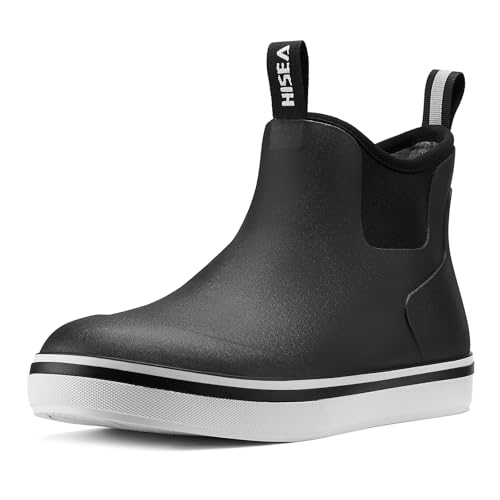HISEA Deck Rain Boots for Men Waterproof Fishing Rubber Boots with High Traction Mens Ankle Saltwater Chelsea Boots for Gardening Boating Sailing Black Size 9