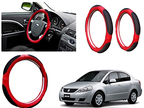 Image of Microfiber Car Steering Wheel Cover, Soft Padding Great Hand Feel, Anti-Slip, Faux Leather Steering Cover for Maruti Suzuki SX4 | Black Red Jali - Pack of 1