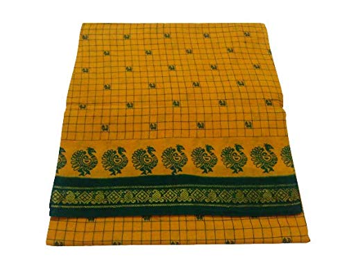 GenericAmri Fashion Women's Cotton Saree (Sari) Yellow With Green Checked & Zari Border | Without Blouse | 5.8 Mts