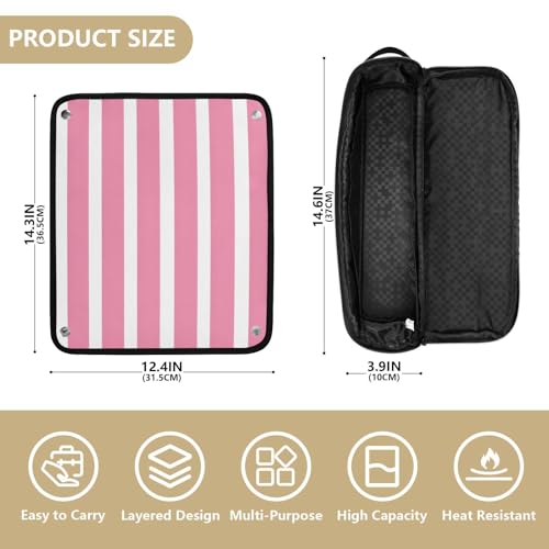 Organizador para herramientas de estilizado de cabello, bolsa portátil con diseño de rayas rosas y blancas, incluye tapete resistente al calor para plancha alisadora, rizadora y otras herramientas de peinado miniatura 4