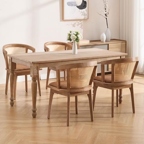 Image of BESTANO Rattan Dining Chairs Set of 4, Mid Century Modern Farmhouse Wood Dining Room Chairs, Leather Upholstered Comfortable Kitchen Dining Side Chair with Cane Woven Back, Brown
