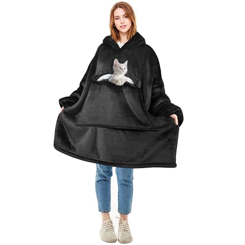 Solaris Oversized Wearable Blanket Hoodie with Pet Pocket, Warm Super Soft Cozy Sherpa Sweatshirt Hoodie for Women Men, Best Gift for Your Loves, Black